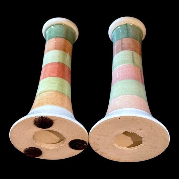 Pair of Vintage Horizontal Lines Striped Terracotta Taper/Pillar Candle Holders - Picture 3 of 8